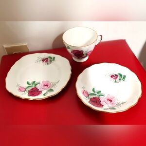 Vintage Royal Vale Pink Roses Bone China England Tea Cup, Saucer & Side Plate